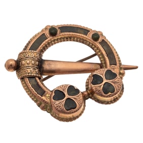 Victorian Connemara Marble, 9k Rose Gold Fibula Brooch