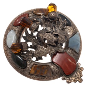 Victorian Scottish Agate, Citrine, Sterling Silver Garter Brooch