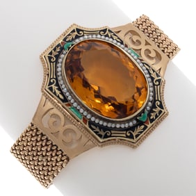 Citrine, Seed Pearl, Enamel, 14k Bracelet