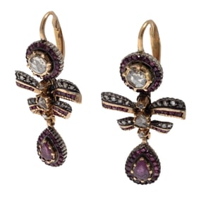 Pair of Diamond, Ruby, 14k, Silver Earrings