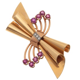 Retro Diamond, Ruby, 14k Rose and Yellow Gold Brooch