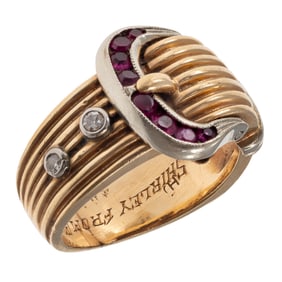 Diamond, Synthetic Ruby, 14k Buckle Ring