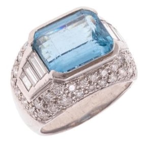 Aquamarine, Diamond, Platinum Ring