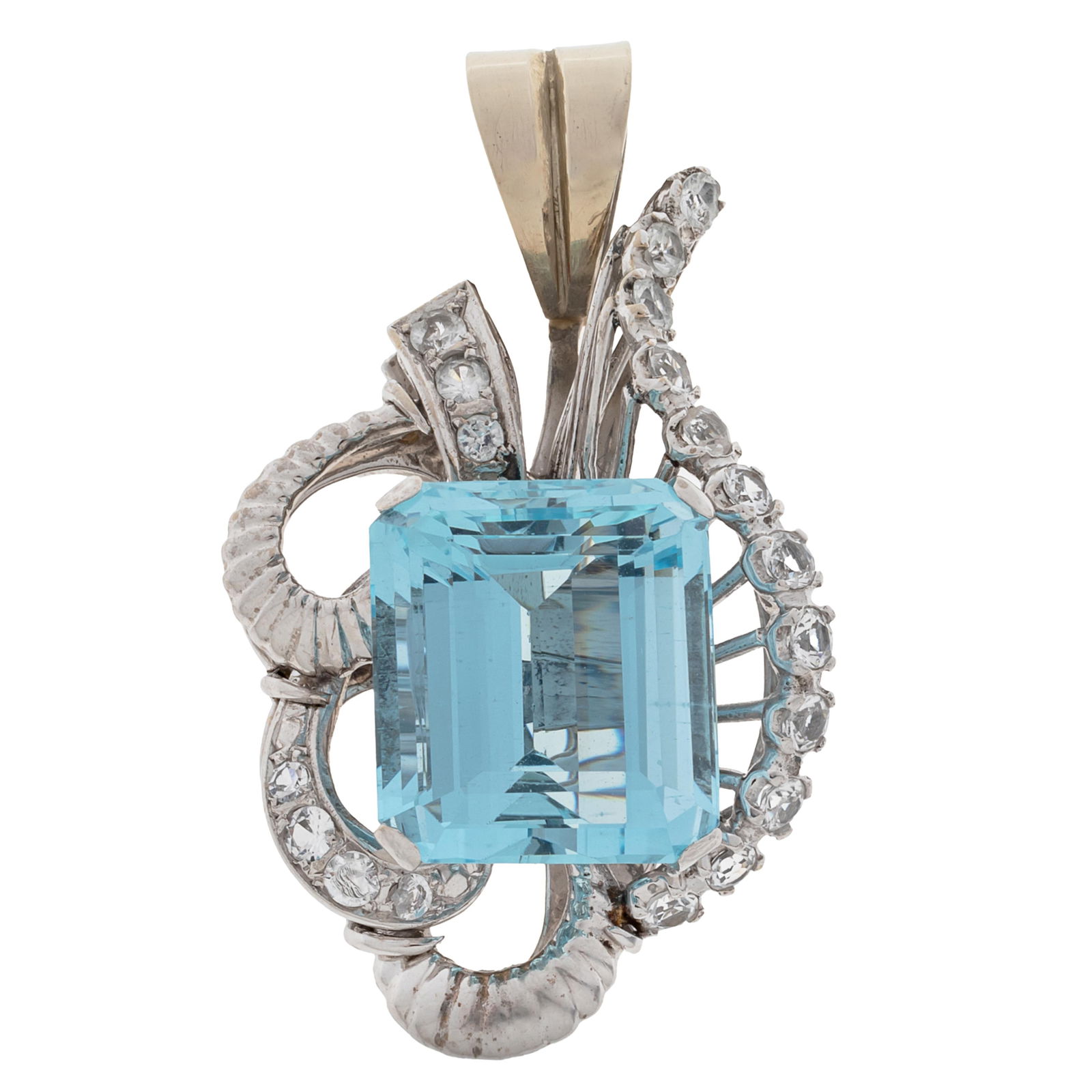 Aquamarine, 14k White Gold Pendant: Aquamarine, 14k White Gold PendantFeaturing a rectangular step-cut aquamarine weighing approximately 8.90 cts., accented by nineteen round-cut colorless stones, possibly spinel, set in a 14k white gol