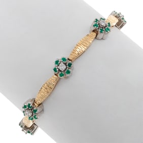 Diamond, Emerald, 14k Whet and Yellow Gold Bracelet