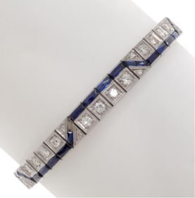 Art Deco Diamond, Synthetic Sapphire, Platinum Bracelet