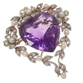 Edwardian Amethyst, Diamond, 14k, Platinum Pin Pendant