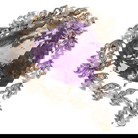 Edwardian Amethyst, Diamond, 14k, Platinum Pin Pendant: Edwardian Amethyst, Diamond, 14k, Platinum Pin PendantCentering a heart-shape amethyst weighing approximately 16.14 cts., accented by thirty-seven round-cut diamonds weighing a total of approximately