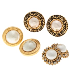 Three Pairs of Chanel Faux Pearl, Gold-Tone Ear Clips