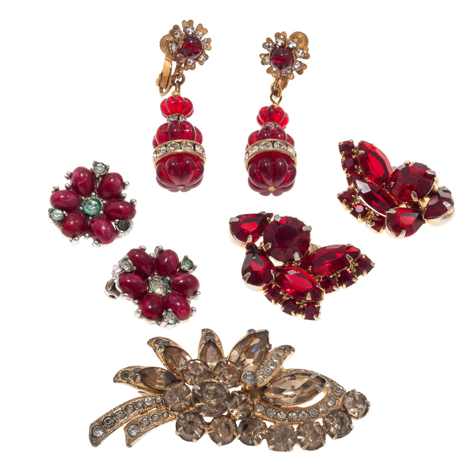 Collection of Rhinestone Earrings with a Pin including Miriam Haskell: Collection of Rhinestone Earrings with a Pin including Miriam HaskellIncluding one pair of floral-form ear clips, Bogoff (missing one rhinestone); one pair of glass, rhinestone ear clips, Mariam Haske