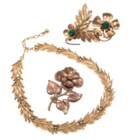 Two Vintage Vermeil Flower Pins with a Foliate Trifari Necklace