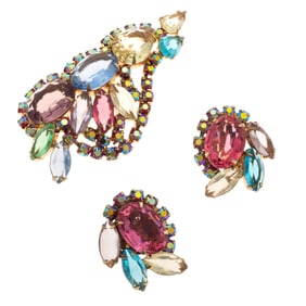 Vintage Pastel Rhinestone, Gold-Tone Jewelry Suite