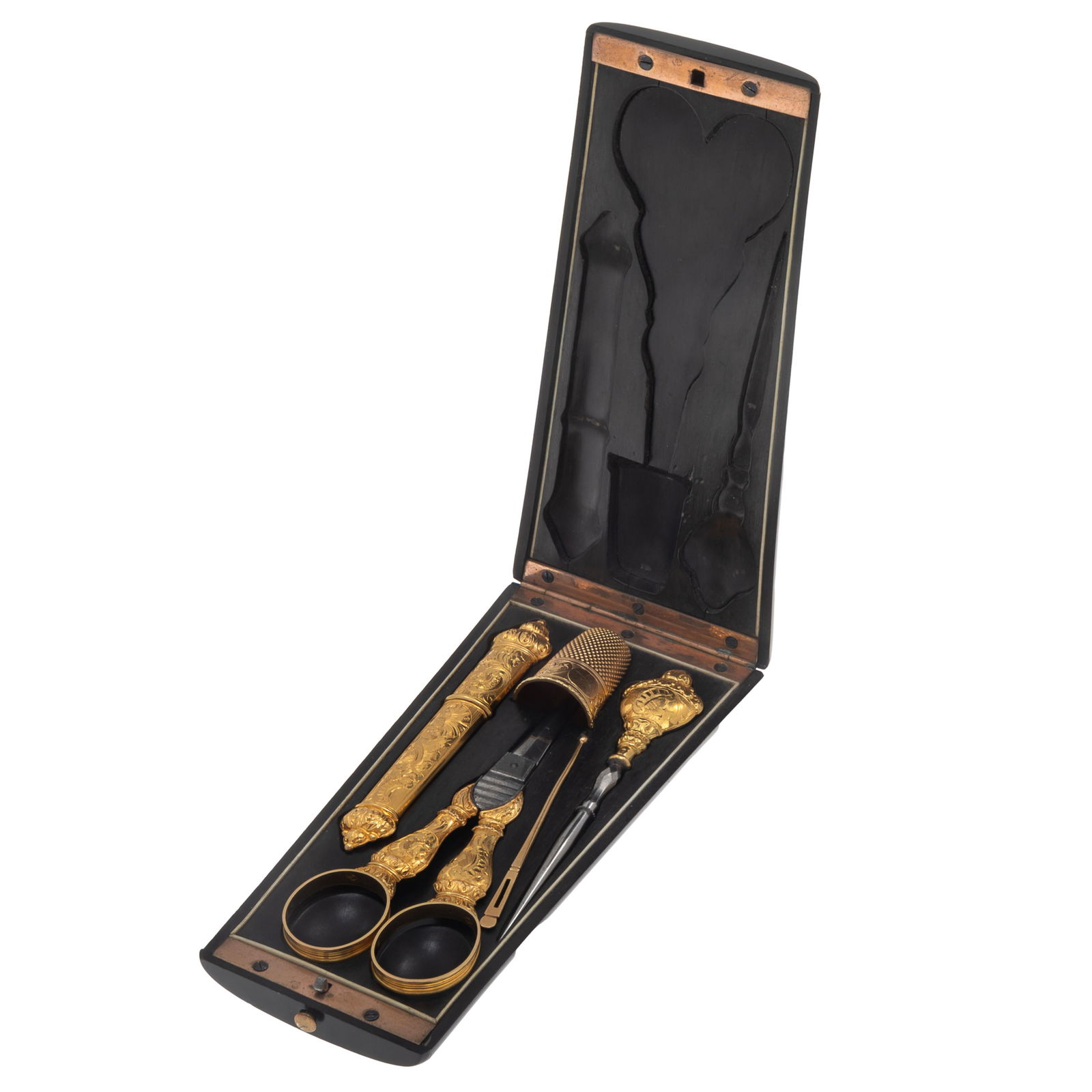 Napoleon III 18k Necessaire: Napoleon III 18k NecessaireThe hinged ebonized case with a central 18k. cartouche, opening to a fitted case containing sewing tools; a scissors, thimble, needle case and awl, all of 18k gild decorated