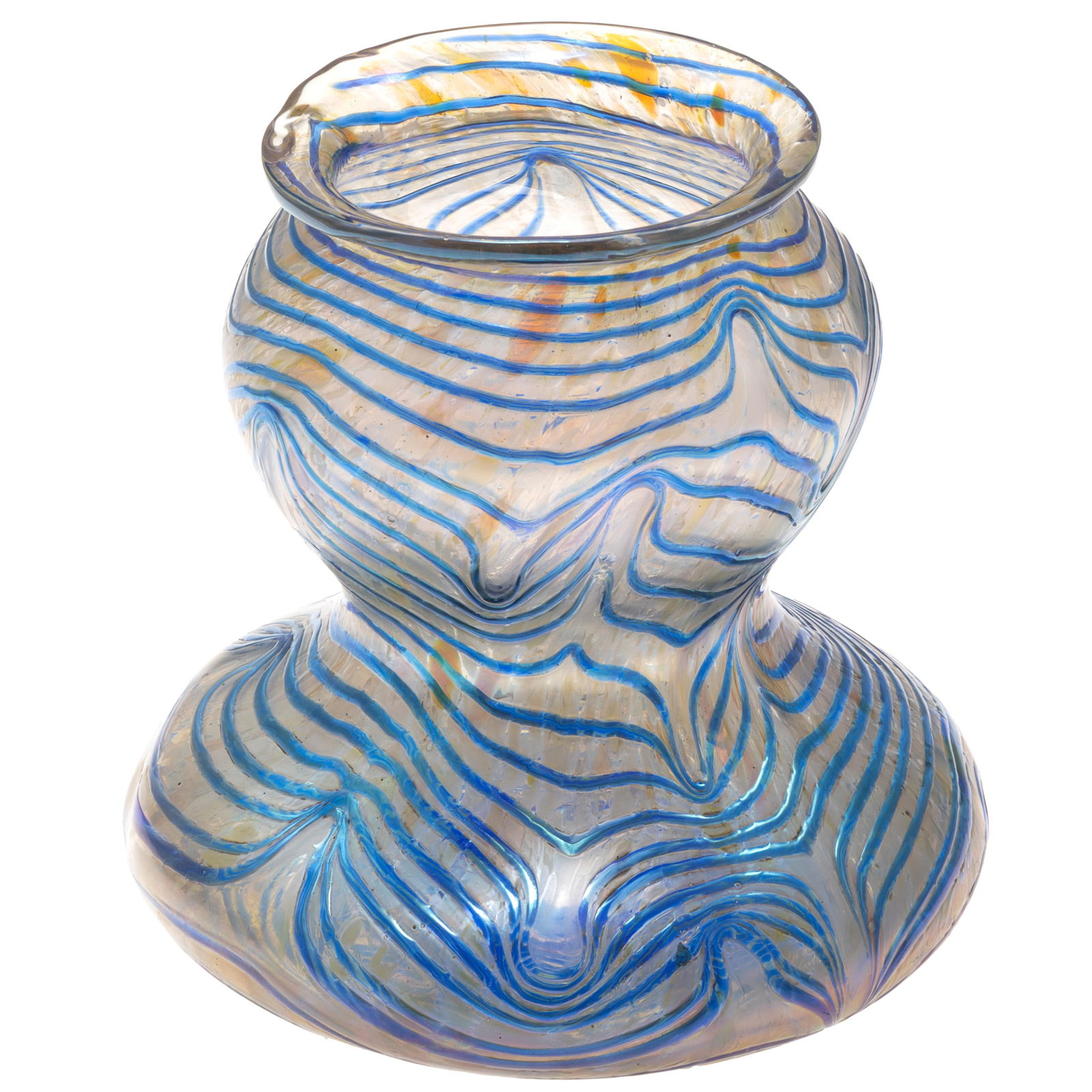 Loetz Bohemian Art Glass Vase: Loetz Bohemian Art Glass VaseThe double gourd design iridescent glass with trailing swirls of cobalt.6in (15cm. h.Condition: One small chip on base.