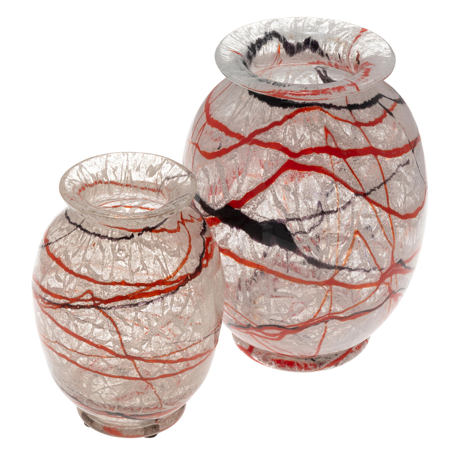 Loetz Klostermuhlo Art Deco Glass Vases: Loetz Klostermuhlo Art Deco Glass VasesTwo, each decorated in swirling red and black scrolls.6 1/2in (17cm) ad 8in (21cm)Condition: Very good, no chips or cracks