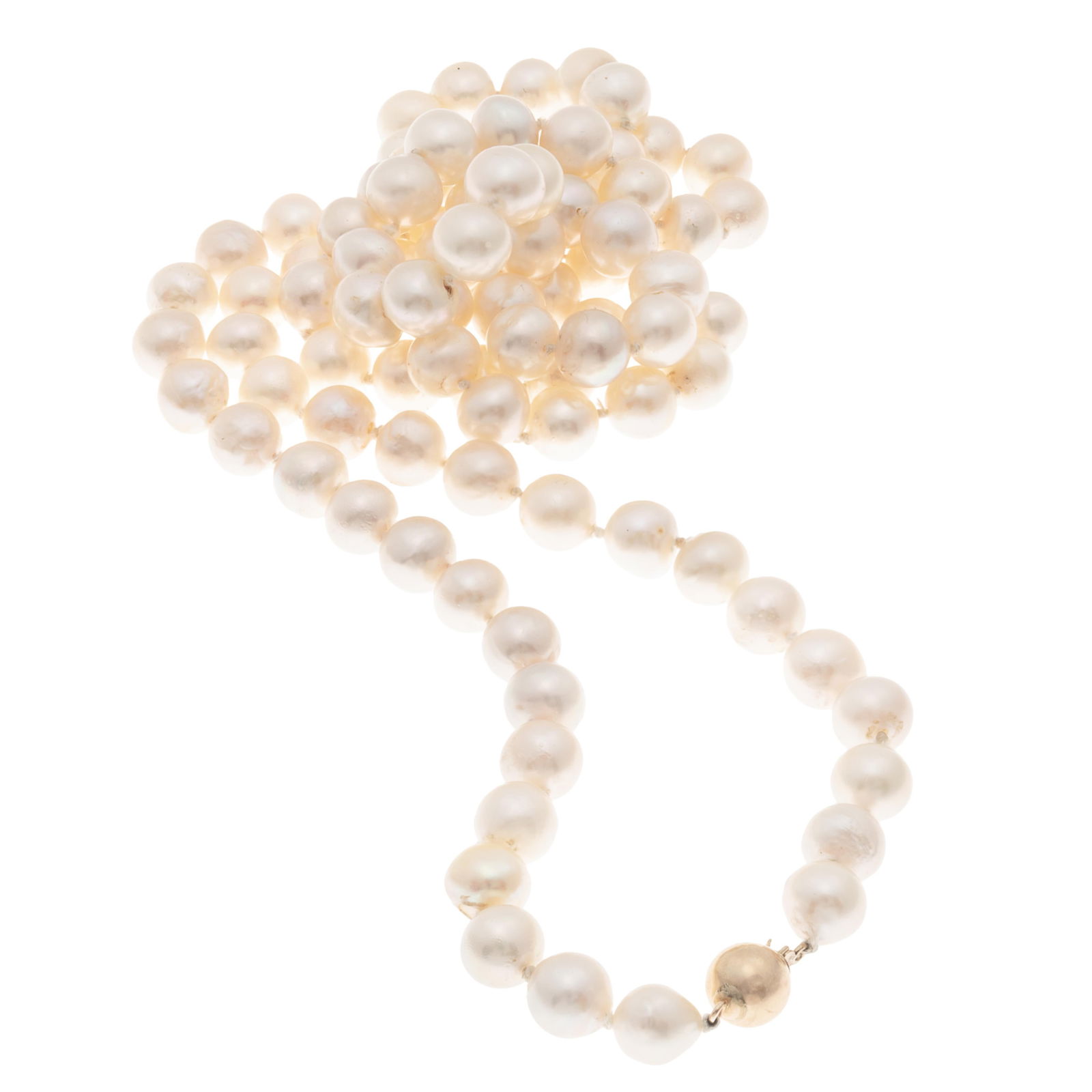 Cultured Pearl, 14k Yellow Gold Necklace: Cultured Pearl, 14k Yellow Gold NecklaceComposed of ninety-four baroque cultured pearls, measuring approximately 8.5 to 8.0 mm, completed by a 14k yellow gold hook and box clasp forming a 33 inch neck