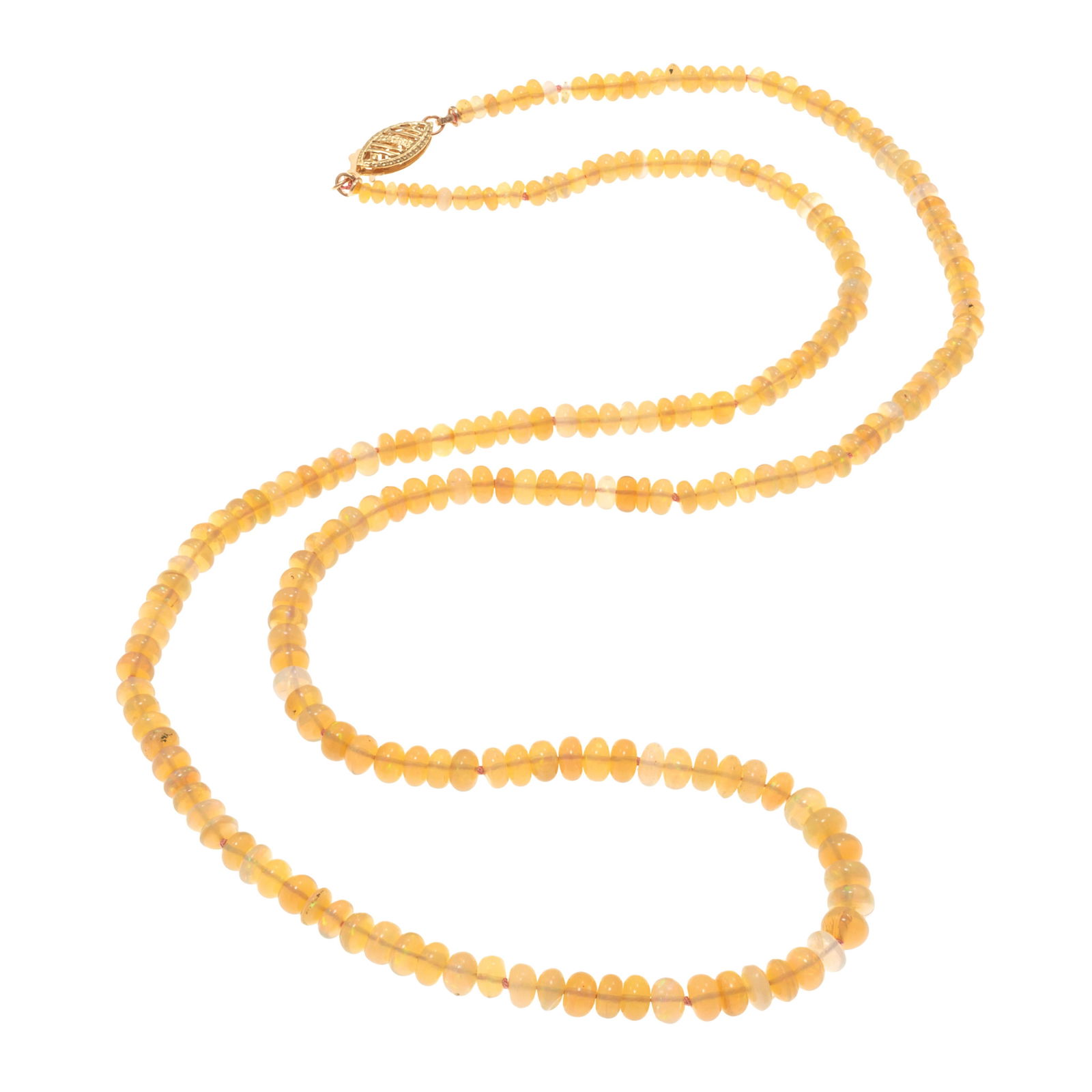 Opal Bead, 18k Yellow Gold Necklace: Opal Bead, 18k Yellow Gold NecklaceComposed of numerous rondelle-shape opal beads, graduating from approximately 5.0 to 3.0 mm, completed by an 18k yellow gold hook and box clasp forming a 21 inch nec