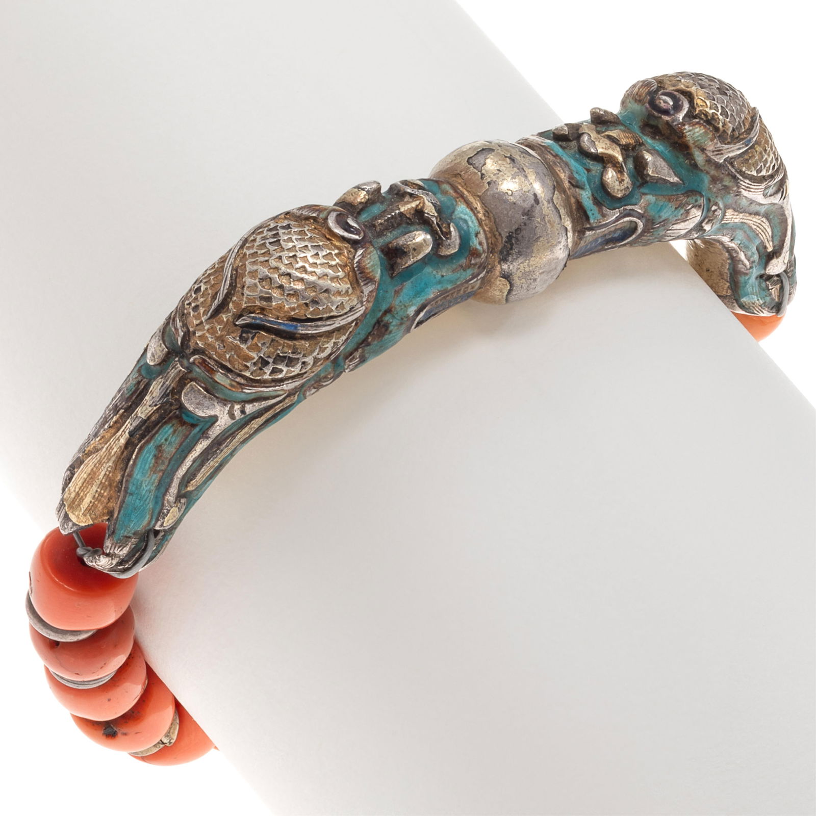 Chinese Coral, Enamel, Silver Bracelet (1 of 4)