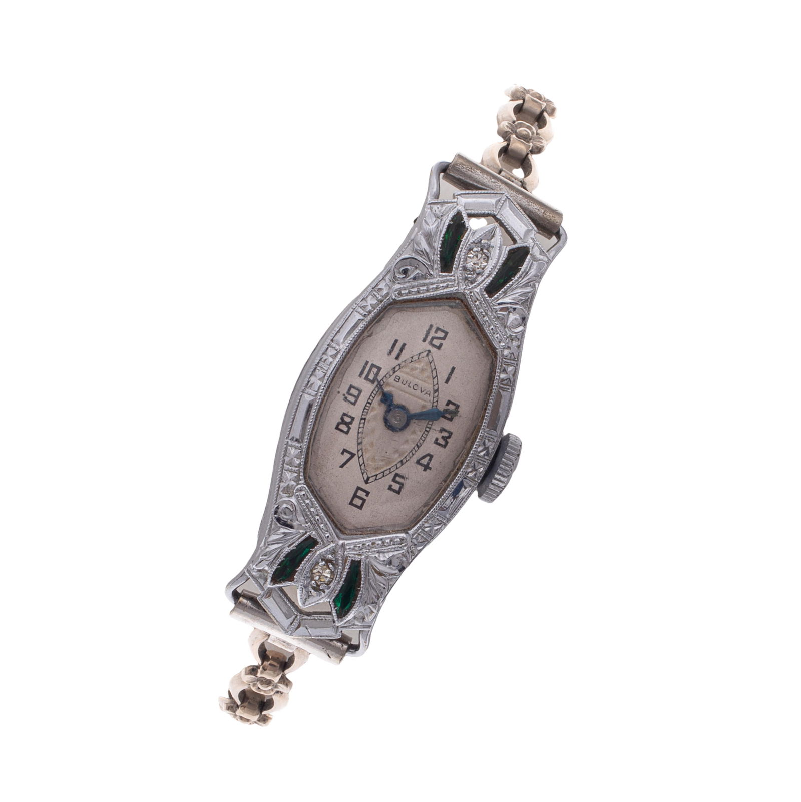 Art Deco Bulova 14k, 10k White Gold Wristwatch: Art Deco Bulova 14k, 10k White Gold WristwatchDIAL: Oval, silvered, textured center, black Arabic numeral hour markers, black inner minutes track, blued moderne hands, Bulova.MOVEMENT: Manual wind, fi