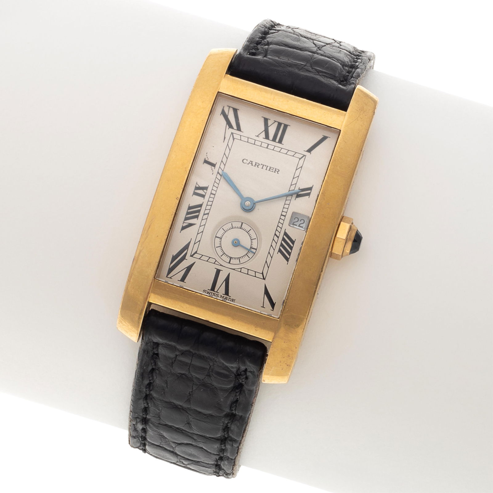 Cartier 18k Yellow Gold, Tank Americaine Watch: Cartier 18k Yellow Gold, Tank Americaine WatchDIAL: Rectangle, silvered, black Roman numeral hour markers, black inner minutes track, blued sword hands, subsidiary dial at 6 o'clock, date aperture at
