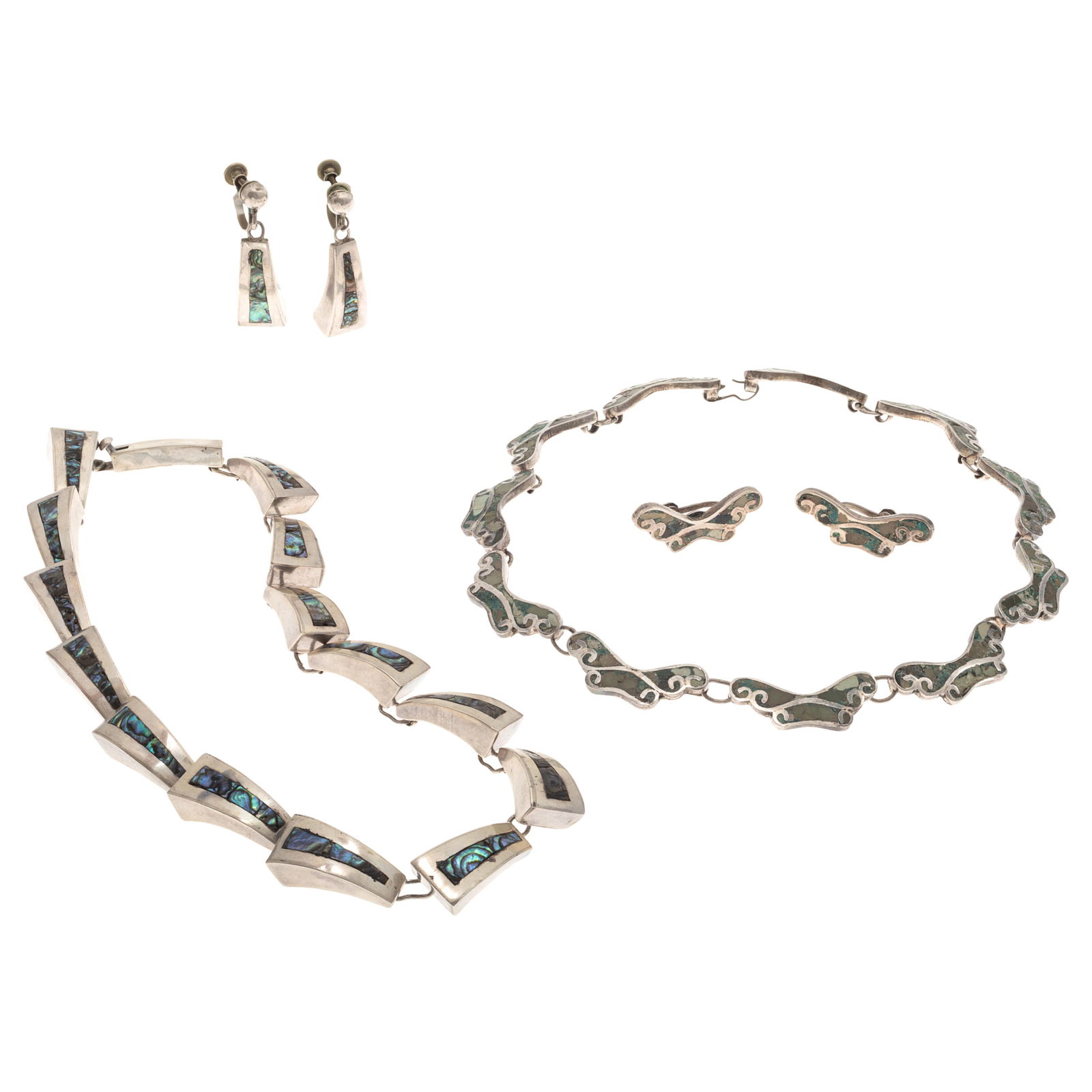 Collection of Two Mexican, Inlaid Silver Jewelry Suites: Collection of Two Mexican, Inlaid Silver Jewelry SuitesThe first designed as triangle-shape links centering inlaid abalone shell, completed by a push-button tongue-and-groove clasp forming a 14 1/2 in