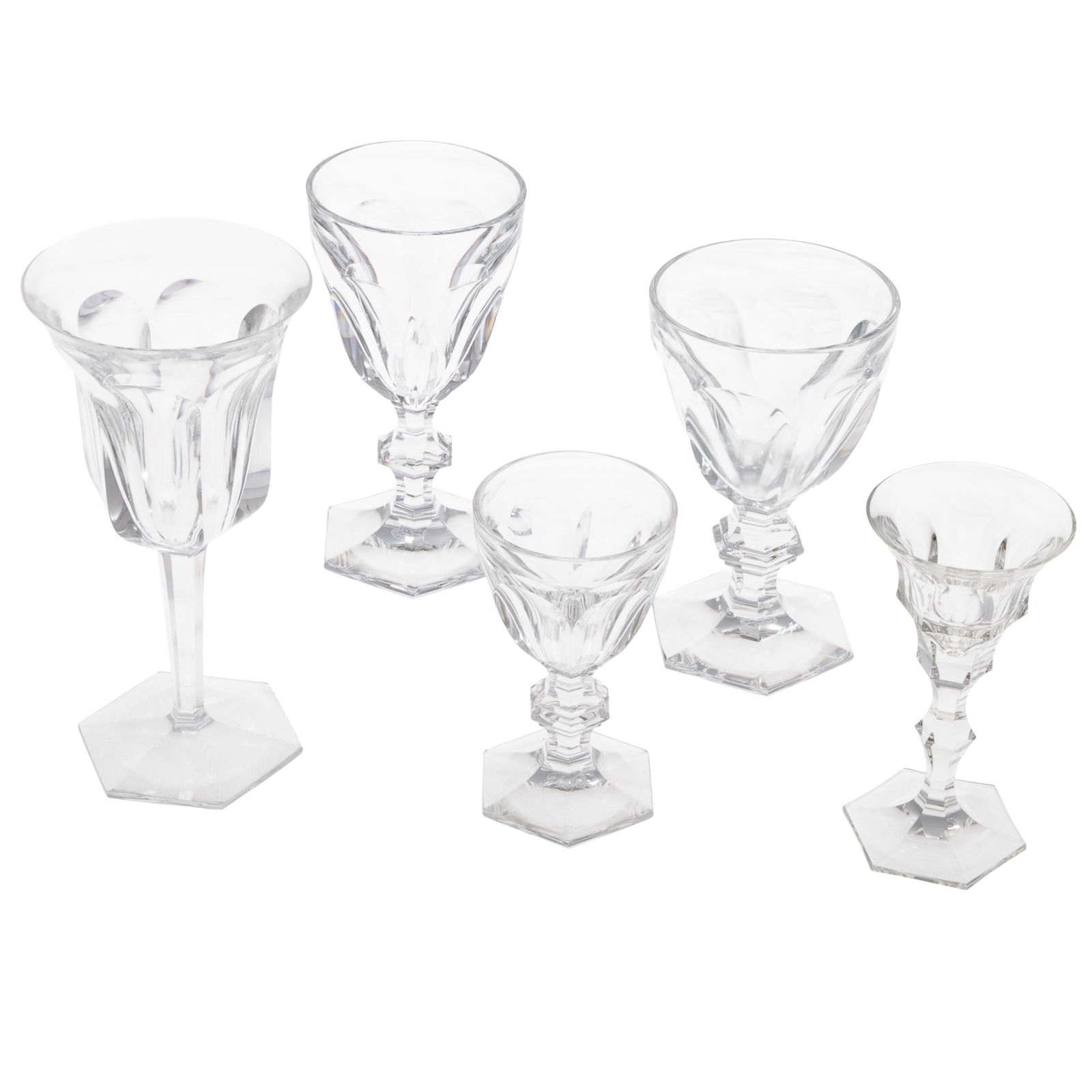Baccarat Crystal Goblets Harcourt Pattern: Baccarat Crystal Goblets Harcourt PatternSix 5-1/4in. .GobletsThree Tall Water 6-1/2 in.One Red Wine 6-1/8 in.Seven 7-1/2 in.Together with six similar unmarked 5in goblets23 piecesCondition: very