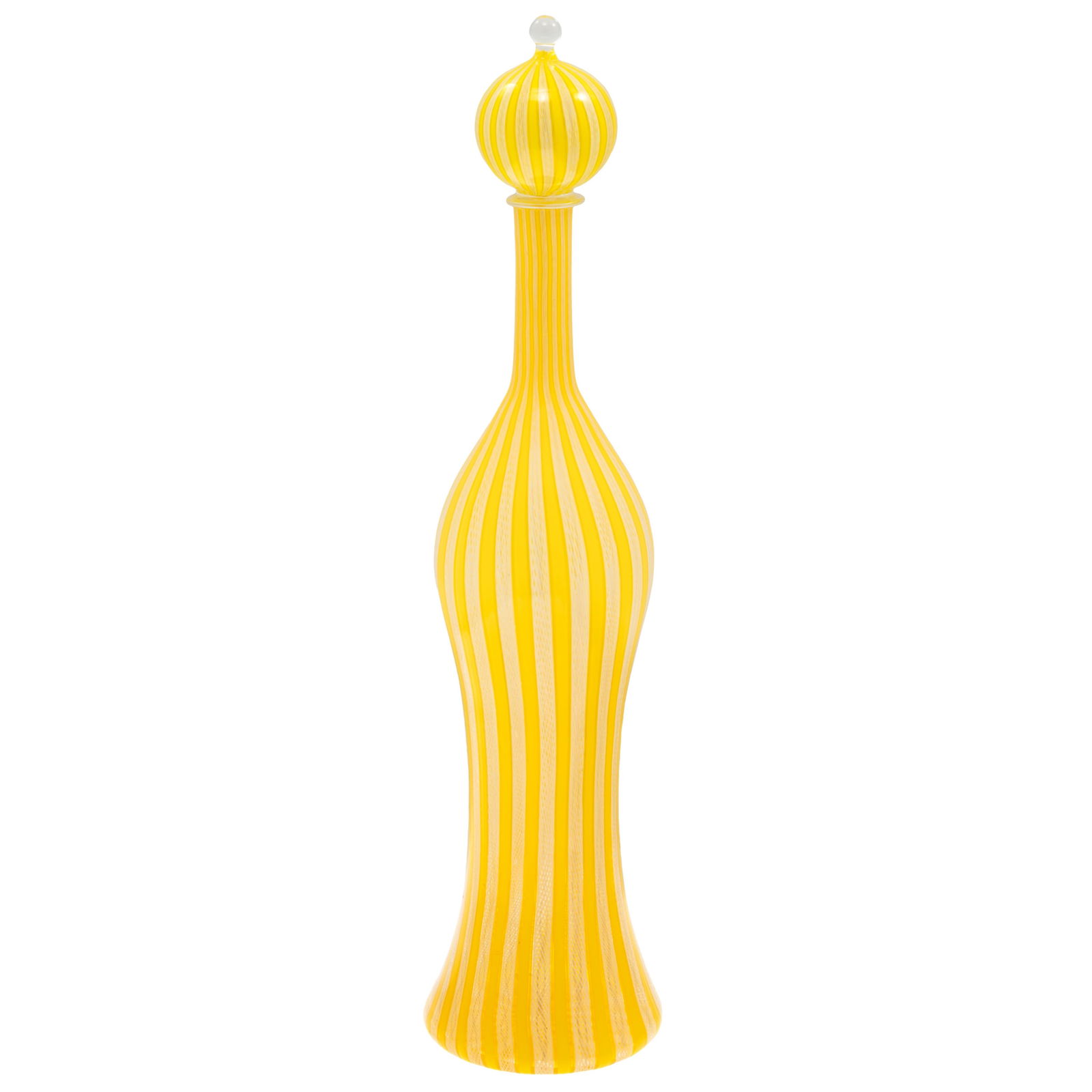 Venetian Glass Decanter: Venetian Glass DecanterThe tall willowy vase decorated with alternating yellow and filigree stripes surmounted by an onion dome stopper. 19in (48cm) h.Condition: Very good.Provenance: Collective Antiq
