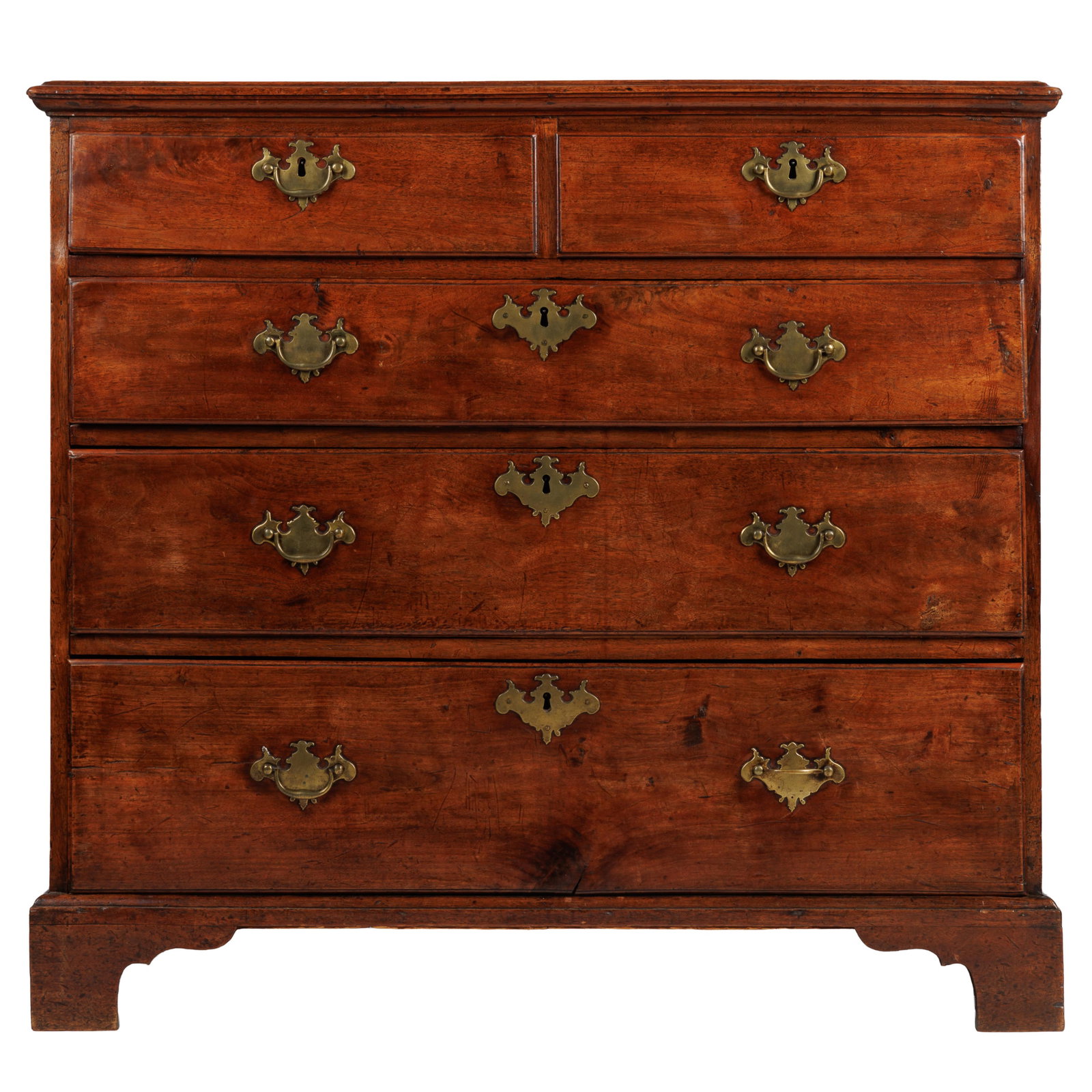 George II Walnut Chest of Drawers: George II Walnut Chest of DrawersHaving a rectangular top with molded edge over a pair of short drawers and three graduated long drawers ending in ogee bracket feet.37 in (94 cm)h 40-1/2 in (103 cm) w