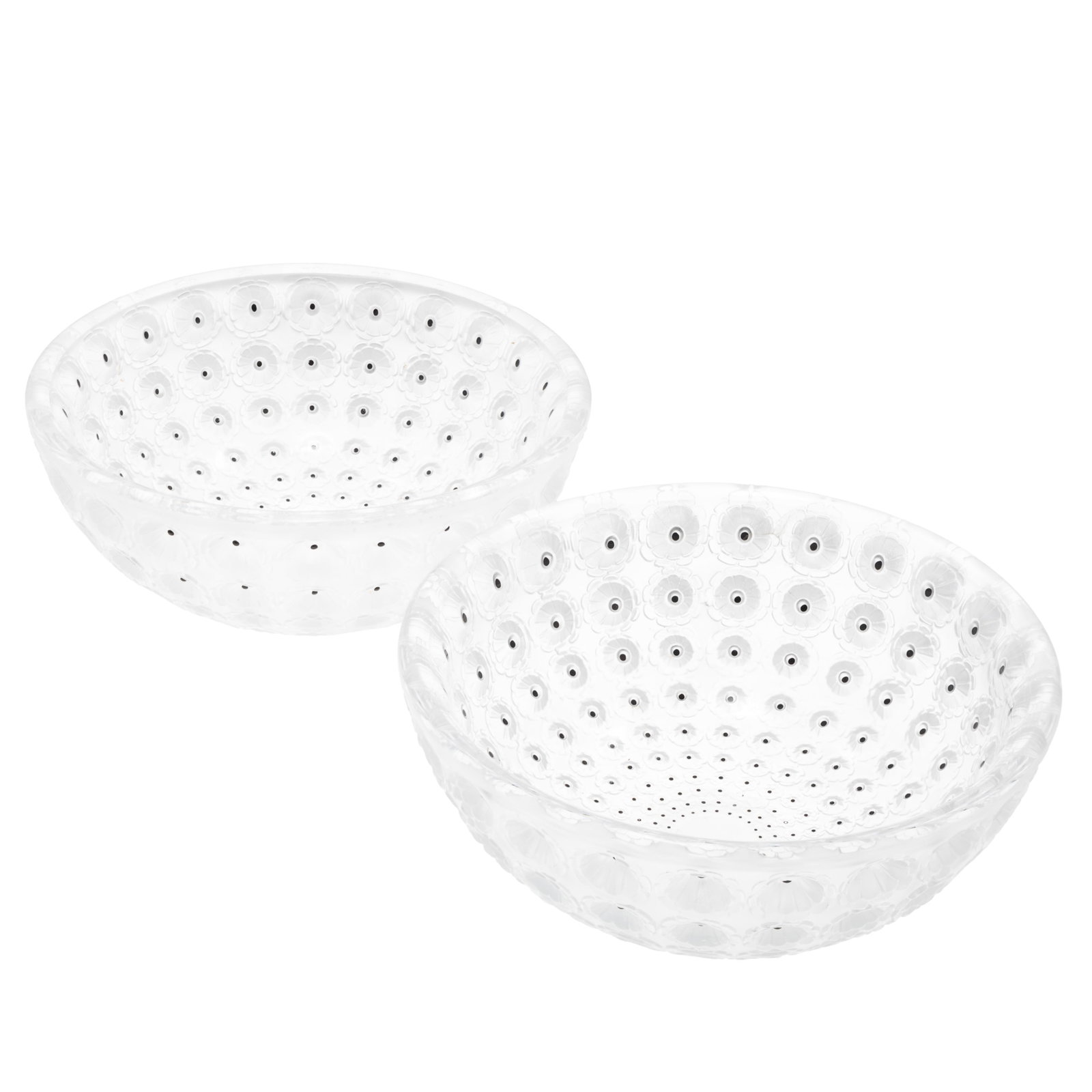 Pair Lalique Nemours Bowls: Pair Lalique Nemours Bowls Each of descending bands of flowerheads. 4 1/4in (11cm) h. 10in (25cm) d. Condition: Very good.