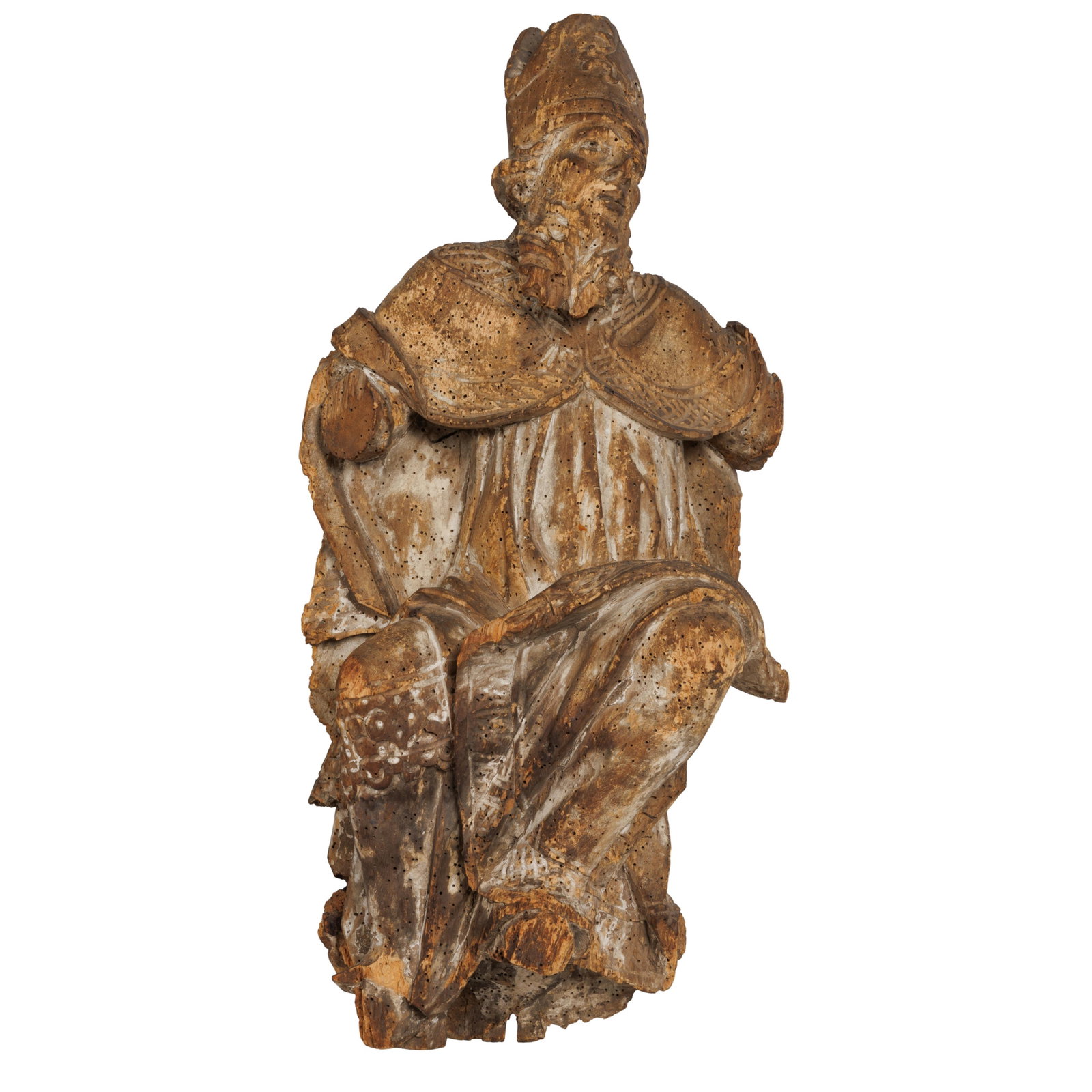 Baroque Figure of a Bishop Saint: Baroque Figure of a Bishop Saint Carved in wood with Bishop's Mitre. Ceremonial cloak about the shoulders. 25in (64cm) h. 12in (31cm) w. 12in (31cm) d Condition: Figure has weathered surface, is lacki