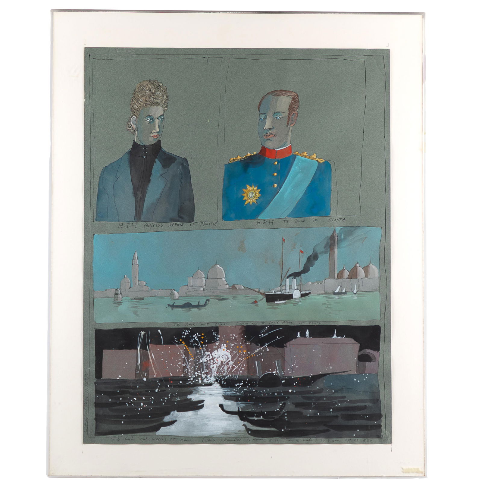 Robert Andrew Parker (American, 1927-2023).: Robert Andrew Parker (American, 1927-2023).The Greek Royal Wedding at Athens, 1972.Gouache on paper, signed and dated (left sheet edge), framed.25 1/2 x 19 1/2in. (64.7 x 49.5cm/sheet).30 x 25in. (76