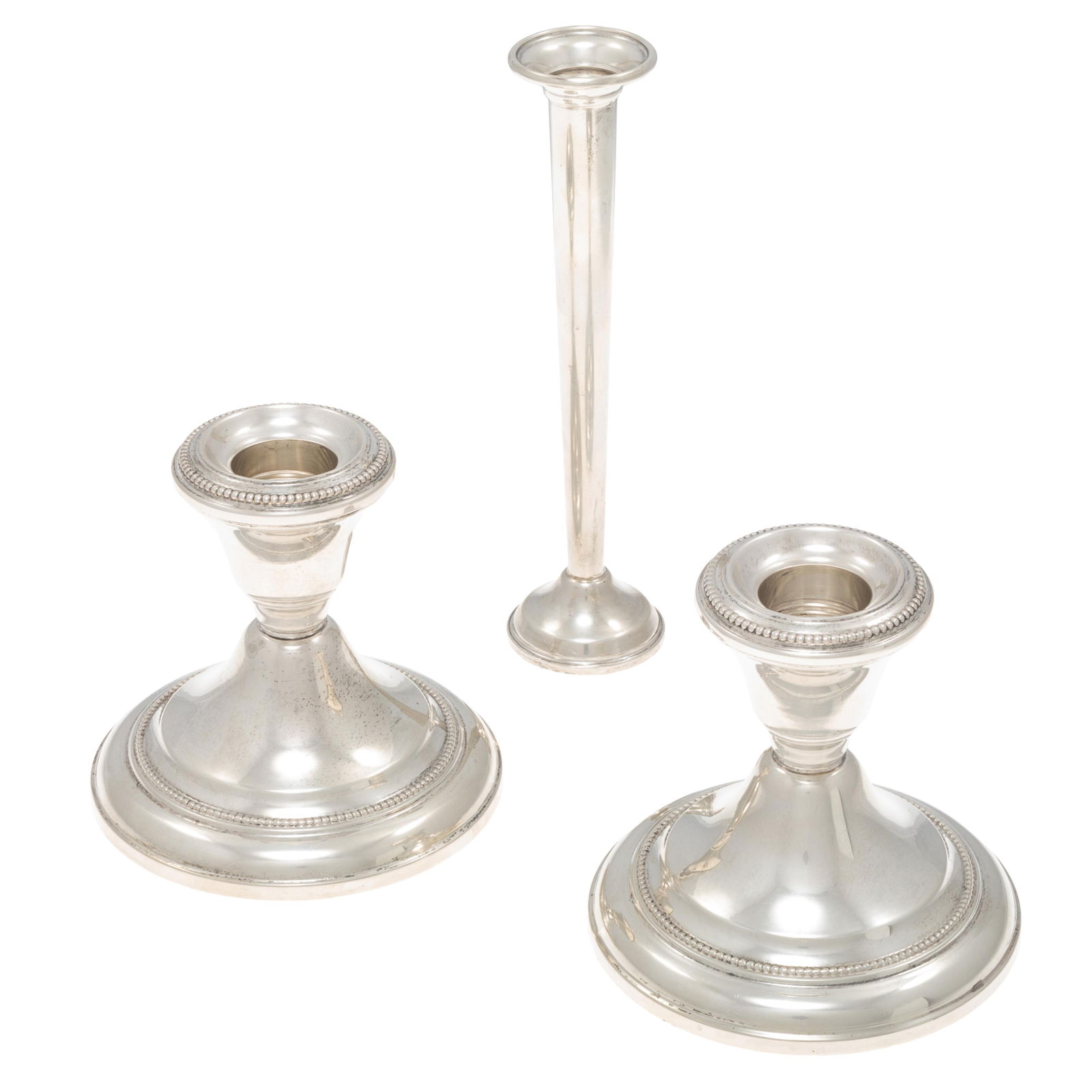 A Pair of Sterling Neoclassical Style Candlesticks and a Bud Vase, Wallace (1 of 5)