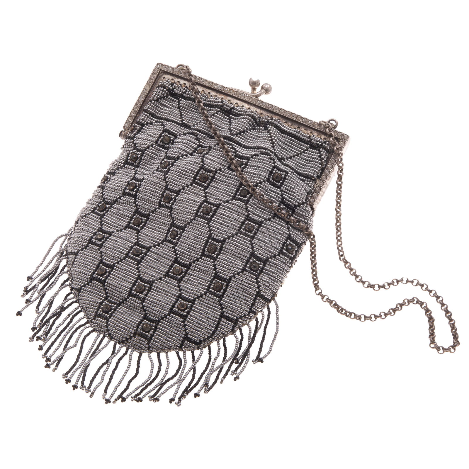 Art Deco Beaded Evening Bag: Art Deco Beaded Evening BagWith a black and silver geometric design and 'jeweled' clasp ending in fringe.Opening to a grey silk lining.4 in. x 5-1/2 in.From the collection of Rhoma Young.