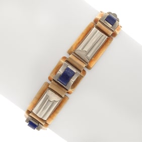 Art Deco Lapis Lazuli, 14k Yellow and White Gold Bracelet