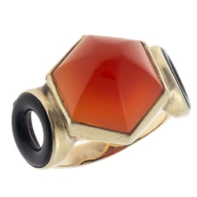 Art Deco Carnelian, Onyx, 14k Yellow Gold Ring