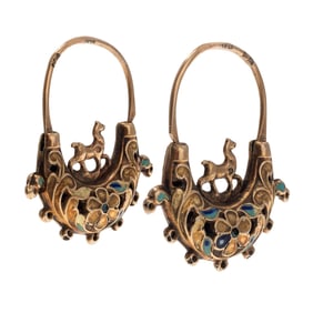 Pair of Renaissance Revival Enamel, 14k Earrings