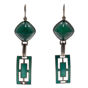 Pair of Art Deco Style Chalcedony, Enamel, Sterling Silver Earrings