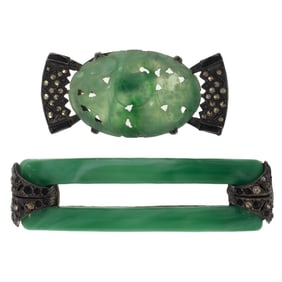Two Art Deco Jade, Peking Glass, Sterling Silver Pins