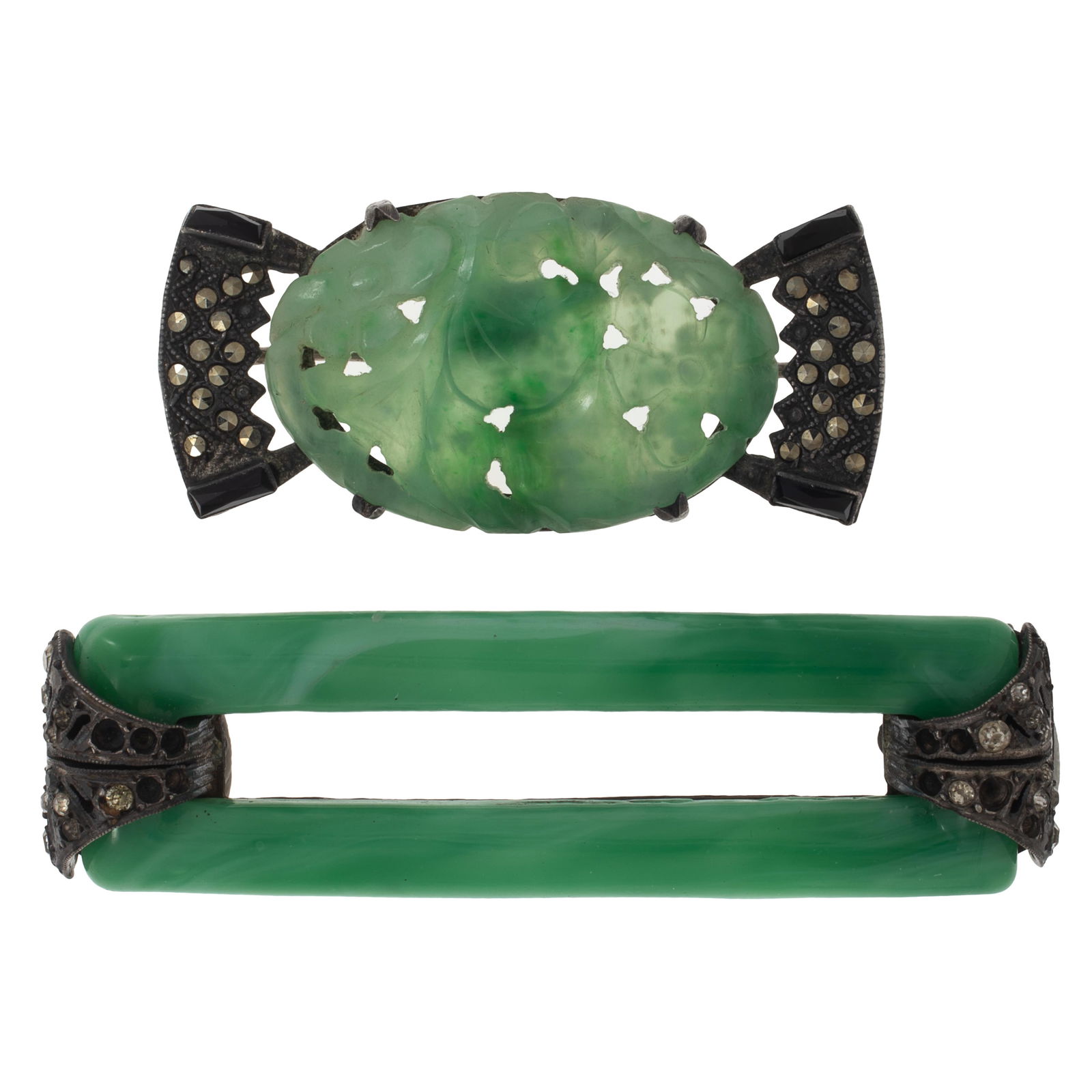 Two Art Deco Jade, Peking Glass, Sterling Silver Pins (1 of 4)