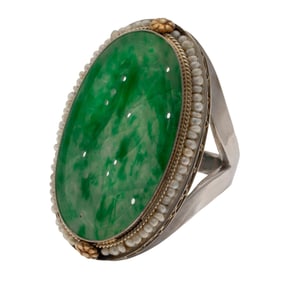 Jadeite Jade, Seed Pearl, 14k Gold Ring