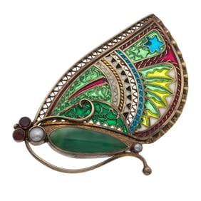 Antique Jade, Garnet, Pearl, Plique-a-Jour, Gilt Butterfly Pin