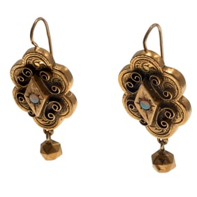 Pair of Victorian Opal, 14k Yellow Gold Earrings