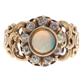 Victorian Opal, Diamond, 14k Yellow Gold Ring