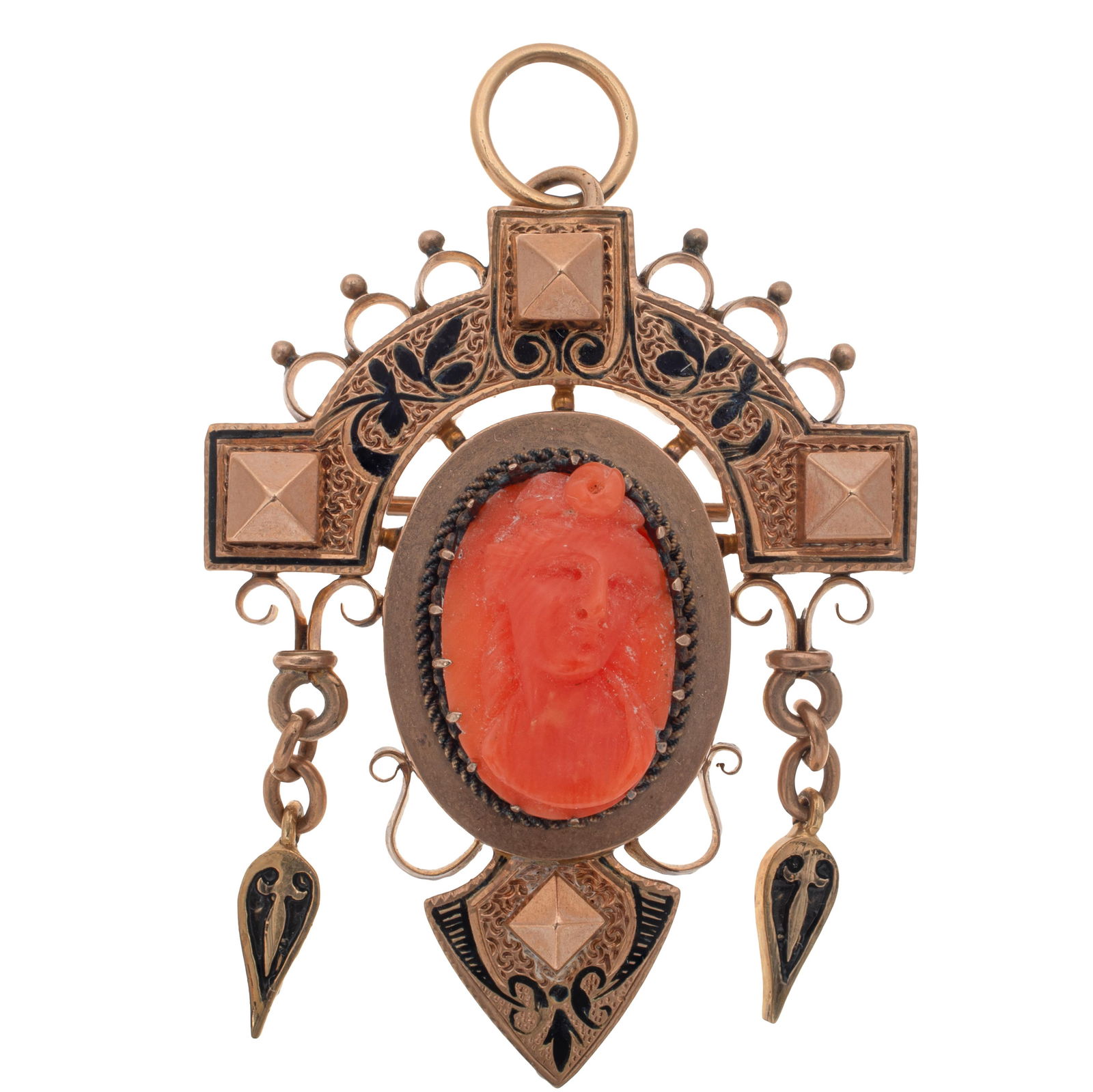 Victorian Coral, Enamel, 10k Rose Gold Pin Pendant: Victorian Coral, Enamel, 10k Rose Gold Pin PendantCentering an oval cameo set in an architectural, 10k rose gold pin pendant mounting with watch hook measuring approximately 1.70 x 1.35 inches.Gross w