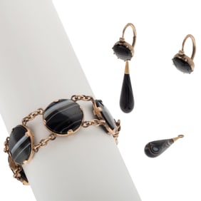 Pair of Victorian Banded Agate Earrings and Fob