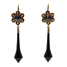 Pair of Victorian Onyx, Enamel, 14k Yellow Gold Earrings