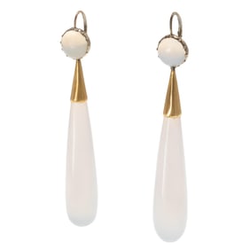 Pair of Victorian Chalcedony, 14k Day and Night Earrings