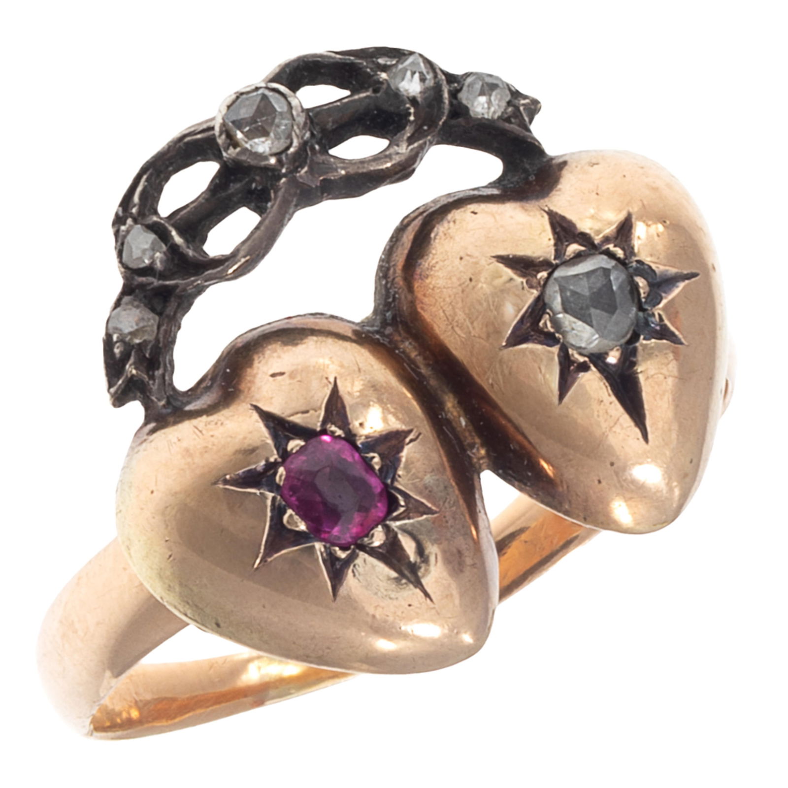 Victorian Diamond, Ruby, 14k, Silver Twin Hearts Ring (1 of 5)