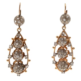 Pair of Diamond, 18k Yellow Gold, Silver Earrings