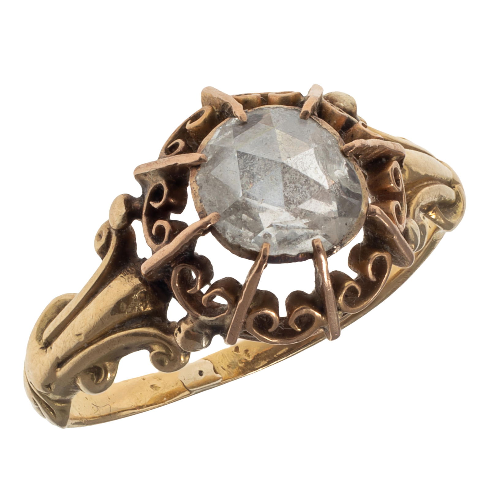 Diamond, 18k Yellow Gold Ring: Diamond, 18k Yellow Gold RingCentering a rose-cut diamond measuring approximately 6.98 x 5.79 mm, set in a scrolling 18k yellow gold ring mounting, size 5 1/4.Gross weight: 3.0 grams.From the estate o
